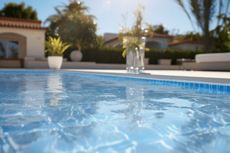 Piscine carrelée avec motifs colorés dans un jardin ensoleillé