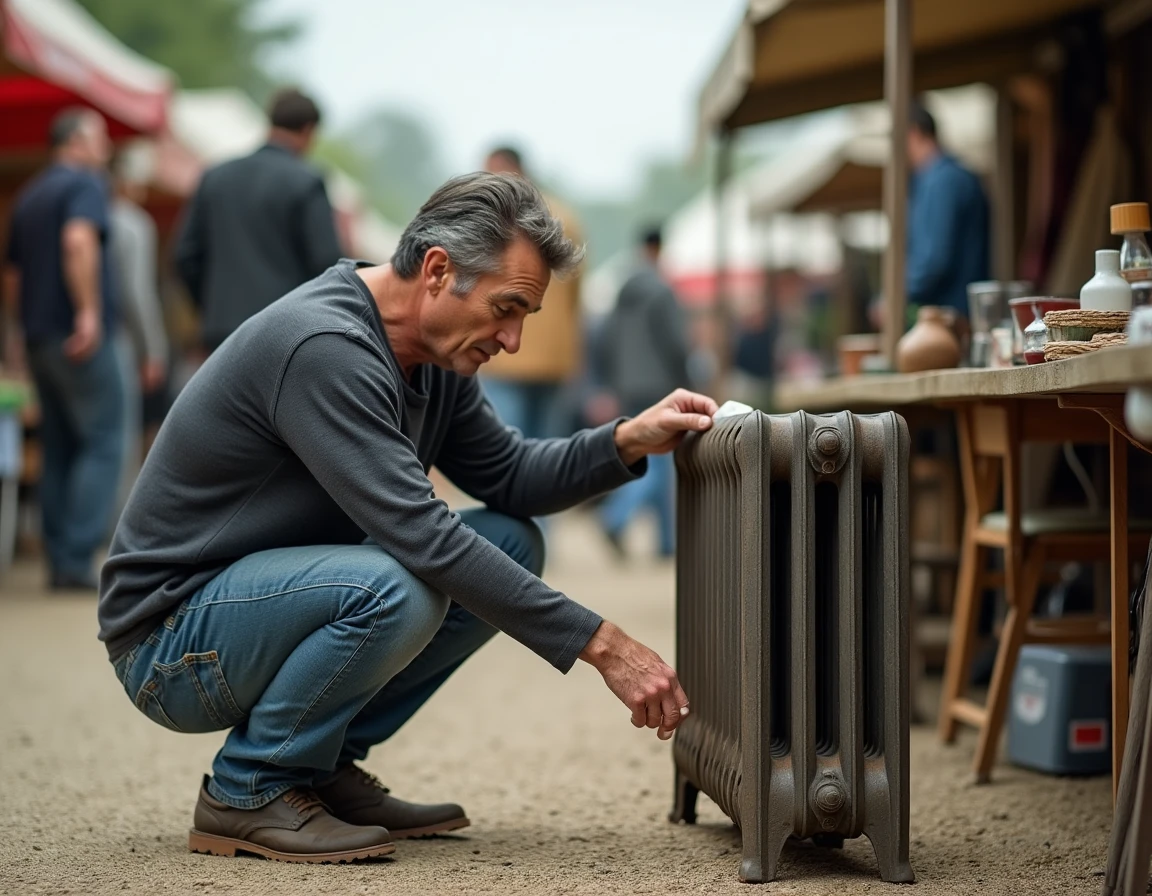 Homme inspectant un radiateur fonte d'occasion avec étiquette de prix lors d'une brocante en plein air