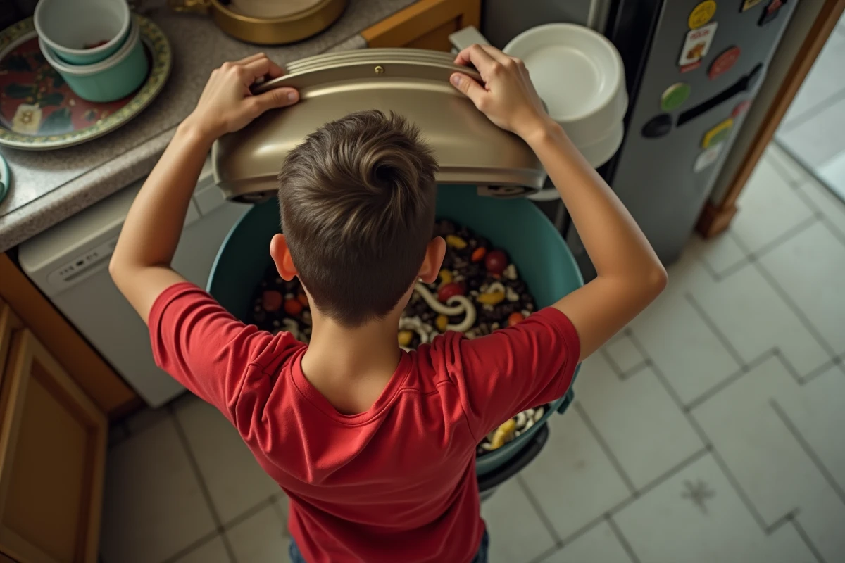 Adolescent soulevant le couvercle de la poubelle avec vers blancs