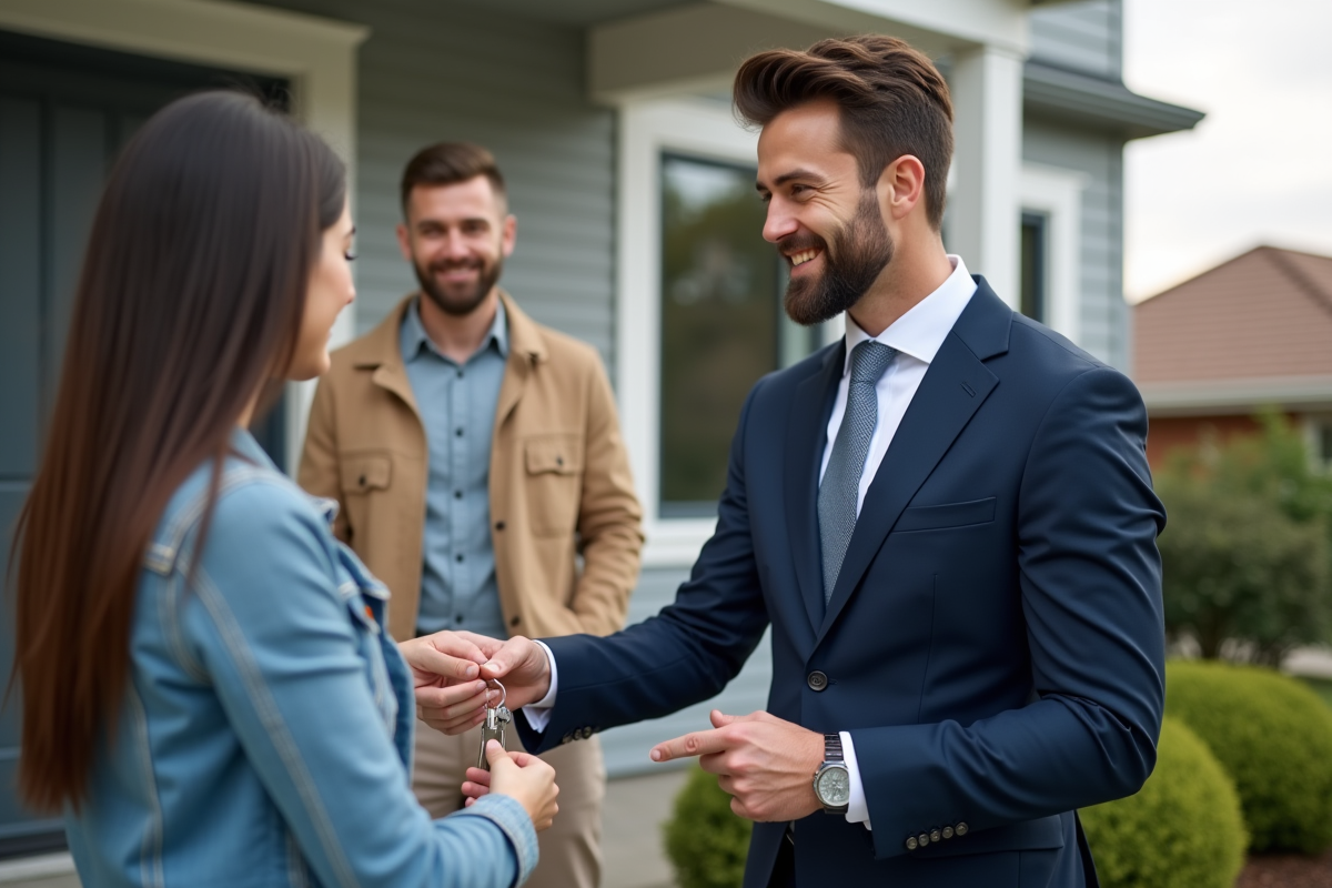 Agent immobilier donnant les clés à un couple devant une maison