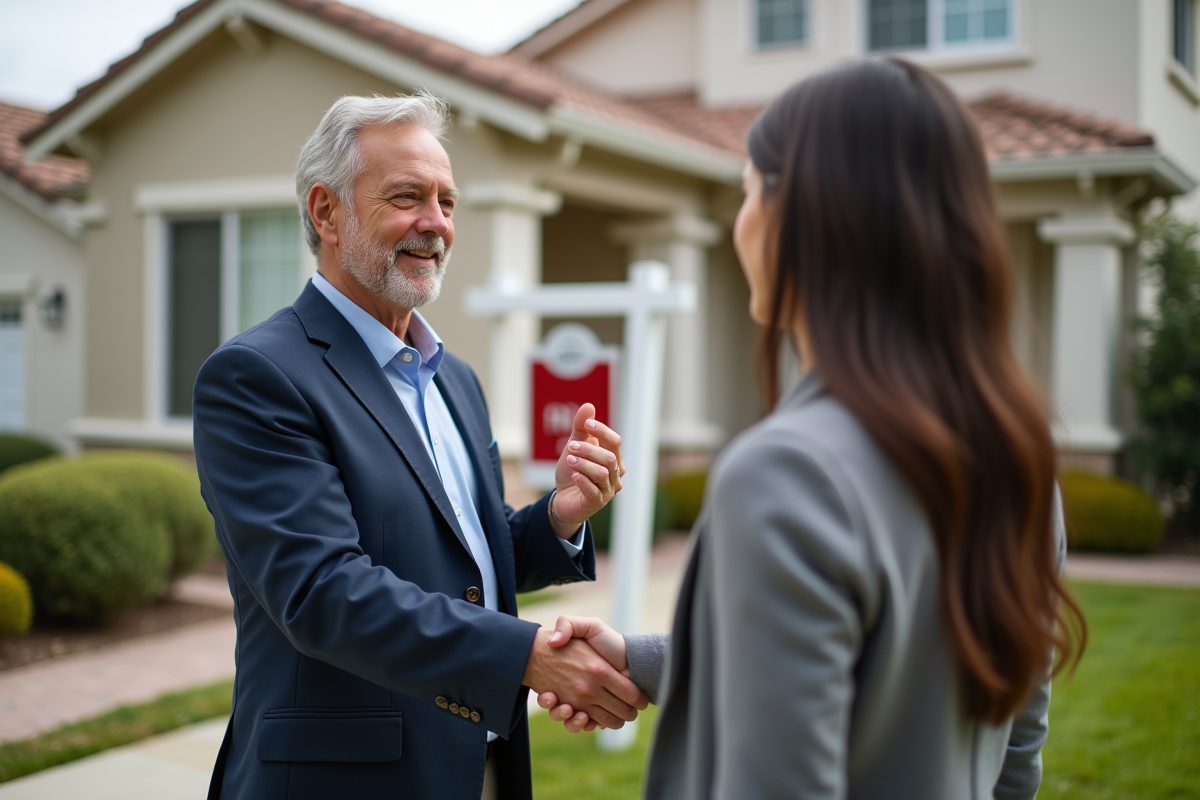 Agent immobilier en extérieur avec couple devant maison à vendre