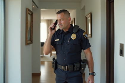 Agent de police en uniforme dans un couloir résidentiel moderne