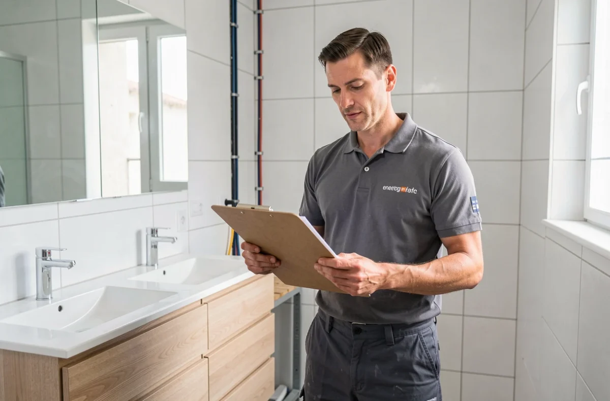 Technicien d'Anjou Maine Énergie vérifiant les plans d'installation devant une vanité de salle de bain neuve