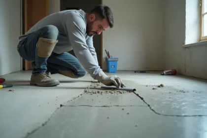 Professionnel appliquant un ragréage autolissant sur un plancher en béton brut dans une pièce vide en cours de rénovation
