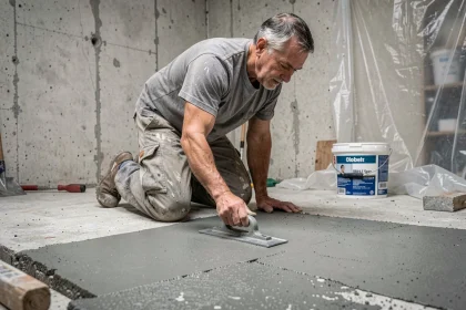 Artisan appliquant un surbot béton imperméabilisant sur un sol en rénovation dans une cave