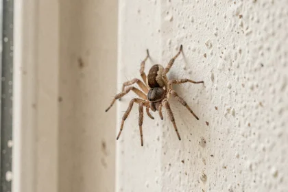 Araignée maison sur un mur blanc d'appartement français, gros plan macro réaliste montrant les détails de ses pattes et son corps brun