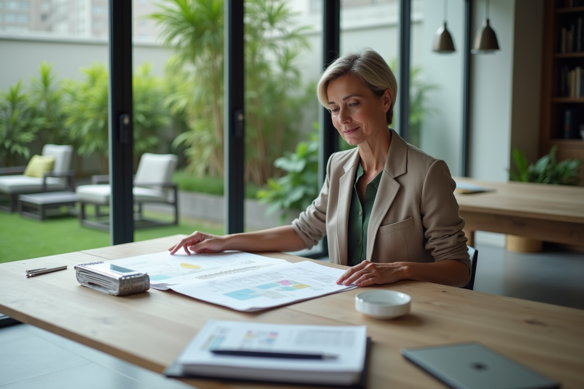 Architecte femme examinant des plans dans un intérieur moderne