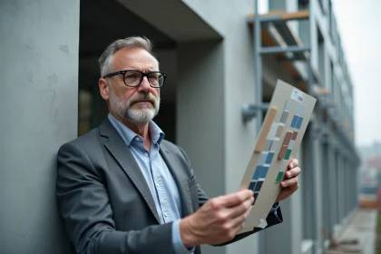 Architecte examine un échantillon de couleur RAL 9006 sur façade en aluminium