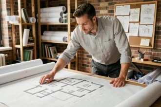 Architecte étudiant un plan en coupe de maison sur une table à dessin dans un studio professionnel