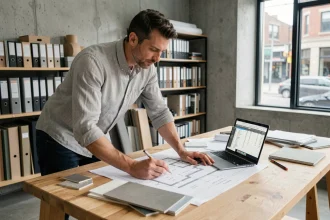 Architecte consultant des plans de rénovation et un budget chiffré sur ordinateur portable dans un studio moderne