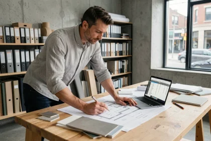 Architecte consultant des plans de rénovation et un budget chiffré sur ordinateur portable dans un studio moderne