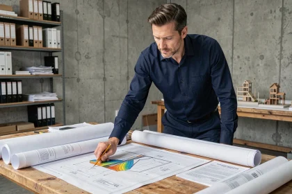 Architecte consultant des plans de réglementation thermique RT 2026 dans un bureau professionnel