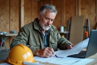 Artisan consultant des devis travaux sur le site ChantierAccess.fr depuis un bureau de chantier encombré