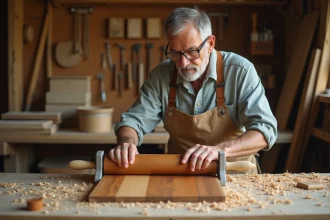 Artisan ébéniste appliquant un placage bois sur un panneau dans un atelier traditionnel de menuiserie