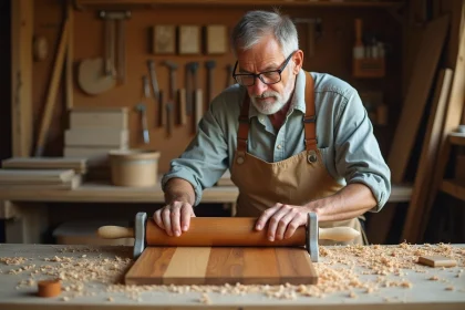 Artisan ébéniste appliquant un placage bois sur un panneau dans un atelier traditionnel de menuiserie