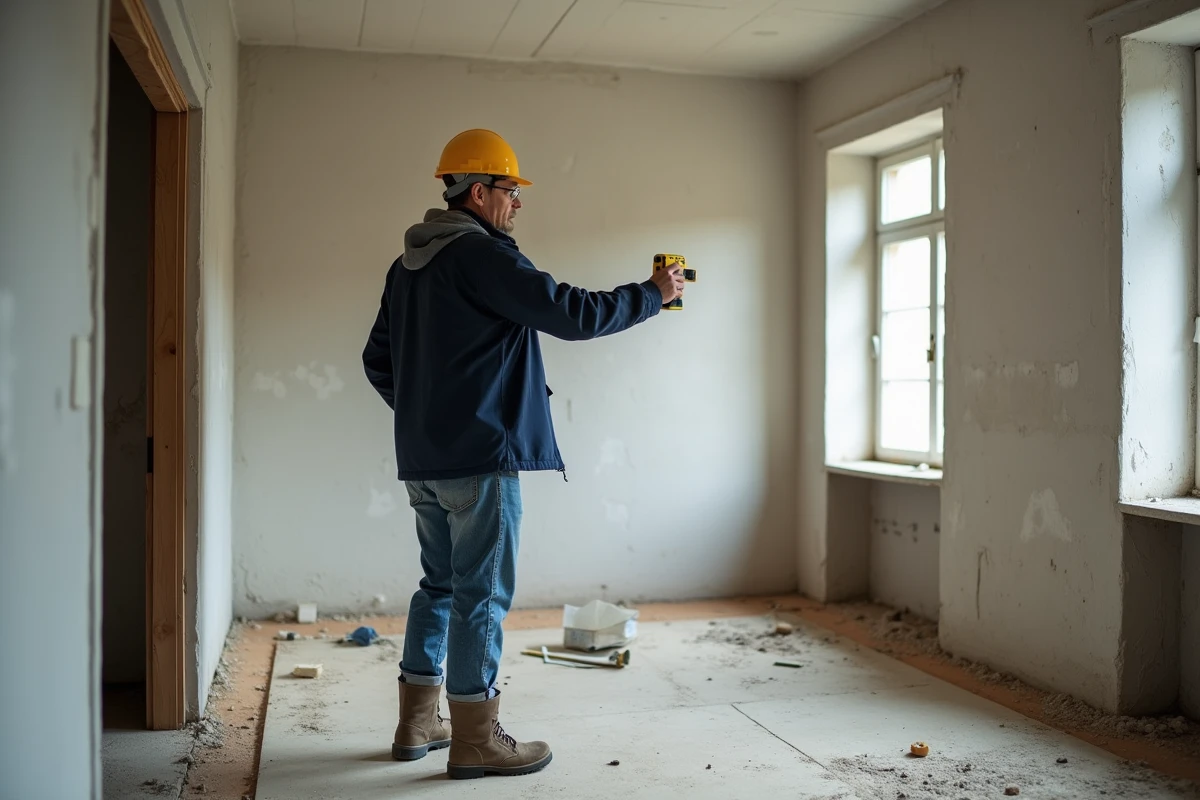 Artisan utilisant un télémètre laser professionnel pour calculer la surface au sol d'un appartement en cours de rénovation