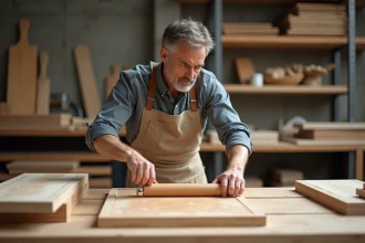 Artisan appliquant du veneer de bois dans un atelier moderne