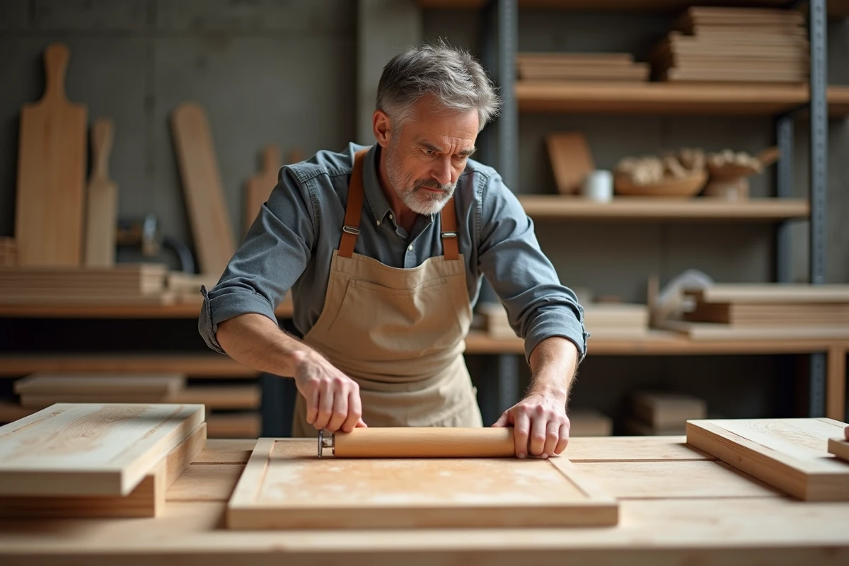Artisan appliquant du veneer de bois dans un atelier moderne