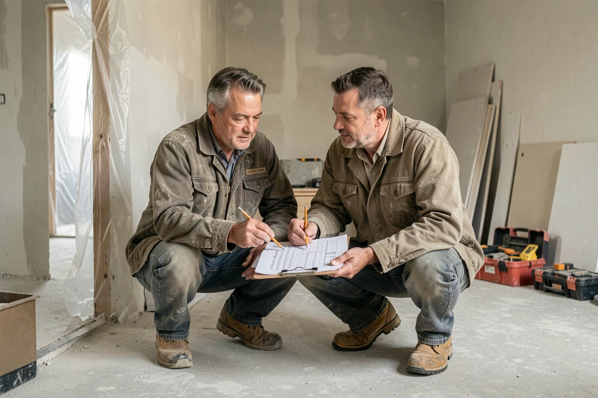 Deux artisans du bâtiment examinant un devis de rénovation détaillé sur chantier en intérieur