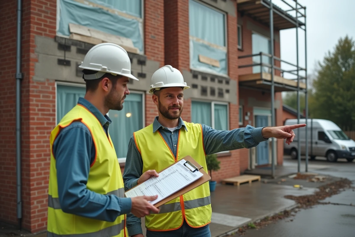 Deux artisans en discussion sur un chantier de rénovation de maison, consultant un devis travaux sur presse-papiers