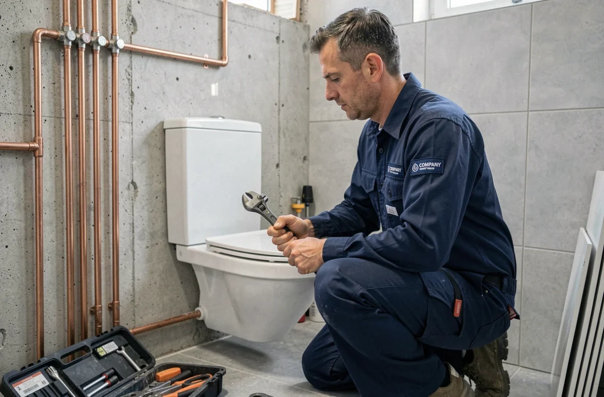 Technicien de l'Atelier Thermique installant une toilette suspendue dans une salle de bain en cours de rénovation