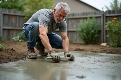 Homme qui lisse une dalle de béton pour une terrasse en autoconstruction dans un jardin