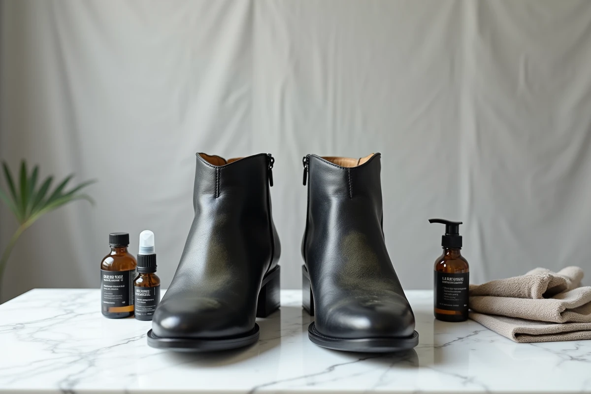Comparaison avant-après de bottes en cuir noir moisies et nettoyées posées sur marbre blanc