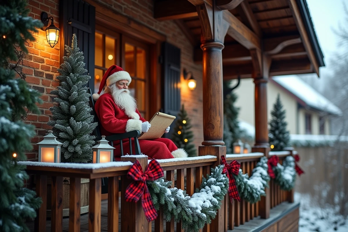 Balcon en bois de style chalet décoré pour Noël avec père Noël assis, sapins enneigés et lanternes en métal
