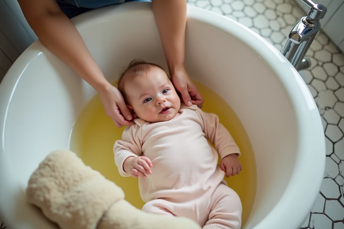 Bébé dans un bain d'eau jaune du robinet avec les mains protectrices d'un adulte, salle de bain parisienne