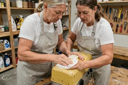 Femme appliquant une pâte blanchissante sur un plastique jauni dans un atelier domestique organisé