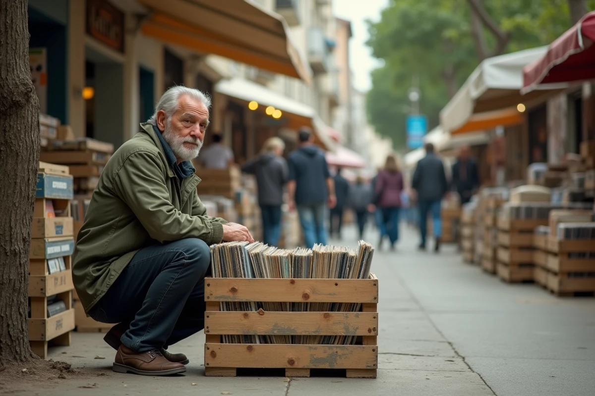 Homme fouillant des disques vinyles dans une caisse en bois lors d'une brocante extérieure dans le 13e arrondissement