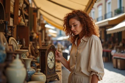 Femme examinant une horloge ancienne sur un stand de brocante en plein air dans le 13e arrondissement de Marseille