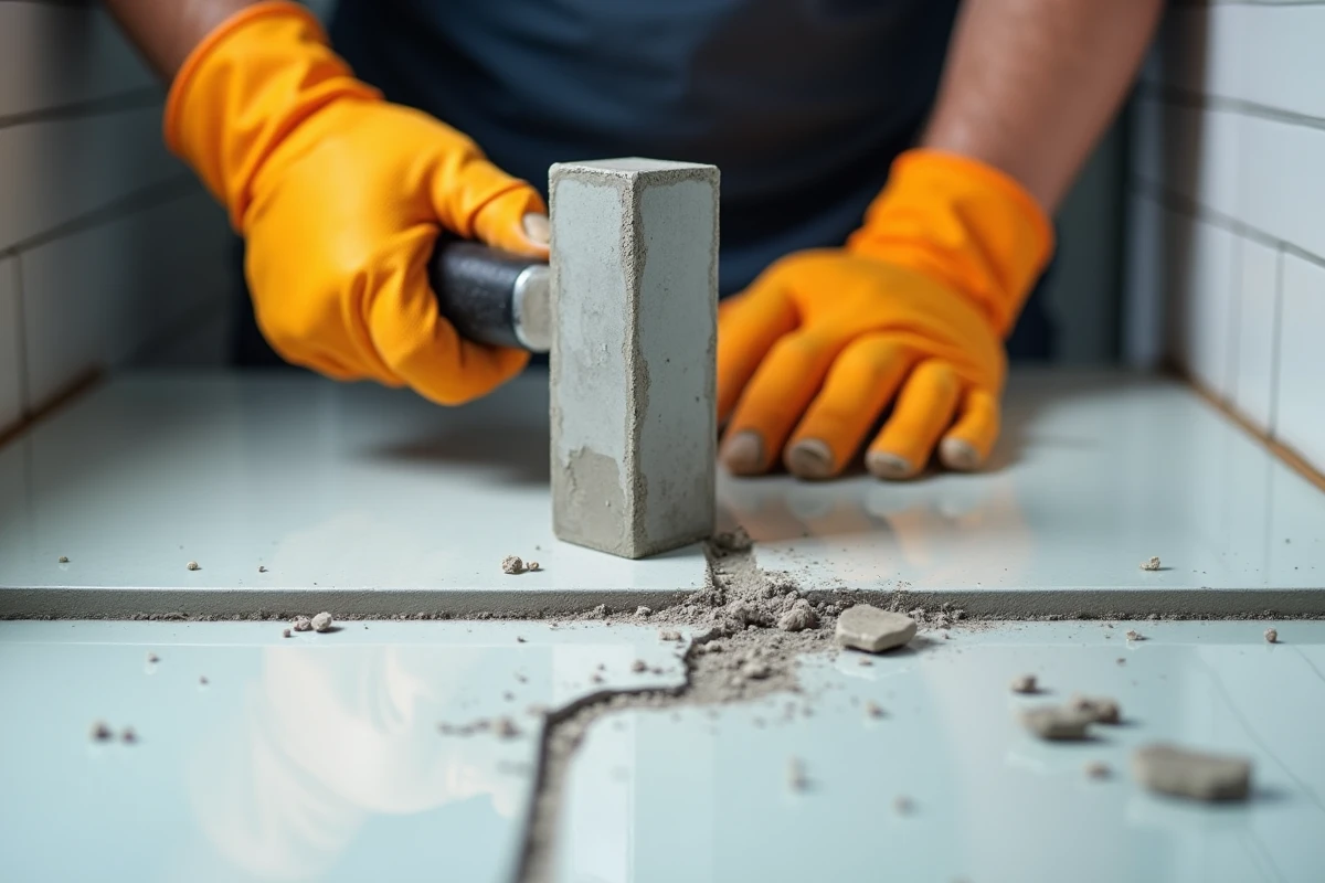 Gros plan sur un burin froid et un marteau de maçon utilisés pour séparer une section de dalle béton sans endommager les carreaux adjacents dans une salle de bain