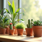 Variété de succulentes et cactus en pots sur une table en bois