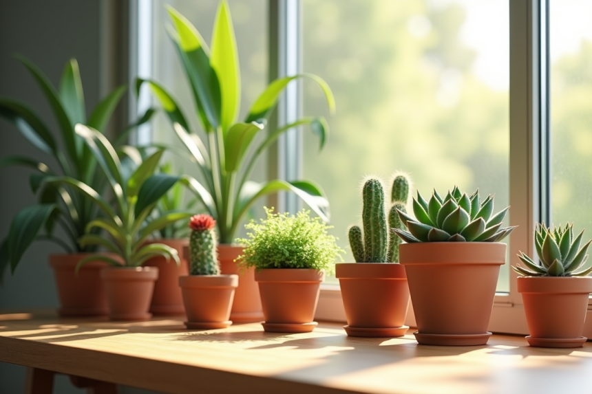 Variété de succulentes et cactus en pots sur une table en bois