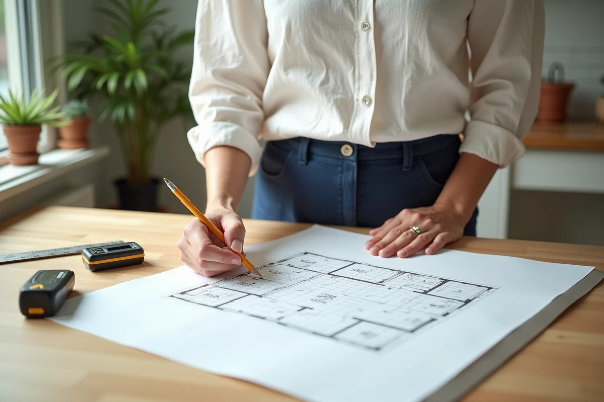 Femme dessinant un plan de surface au sol sur papier millimétré avec une règle et un télémètre laser pour préparer des travaux de rénovation