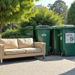 Canapé beige ancien près de containers de recyclage en centre de tri