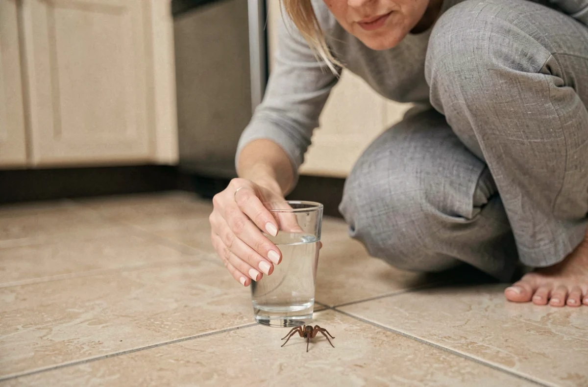 Femme capturant une araignée maison avec un verre transparent sur le carrelage de sa cuisine, méthode douce et sans danger