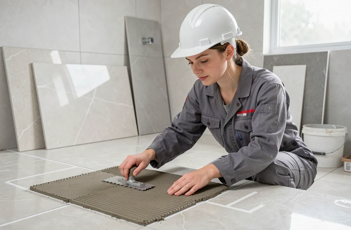 Carreleur de Carrelage CSM appliquant du mortier-colle sur un grand carrelage en porcelaine dans une salle de bain