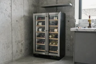 Cave à vin mini encastrée dans un studio moderne avec des bouteilles de grands crus bien rangées