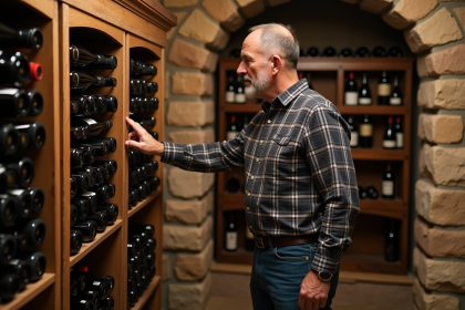 Homme d age moyen dans une cave en pierre examine un rayonnage en bois