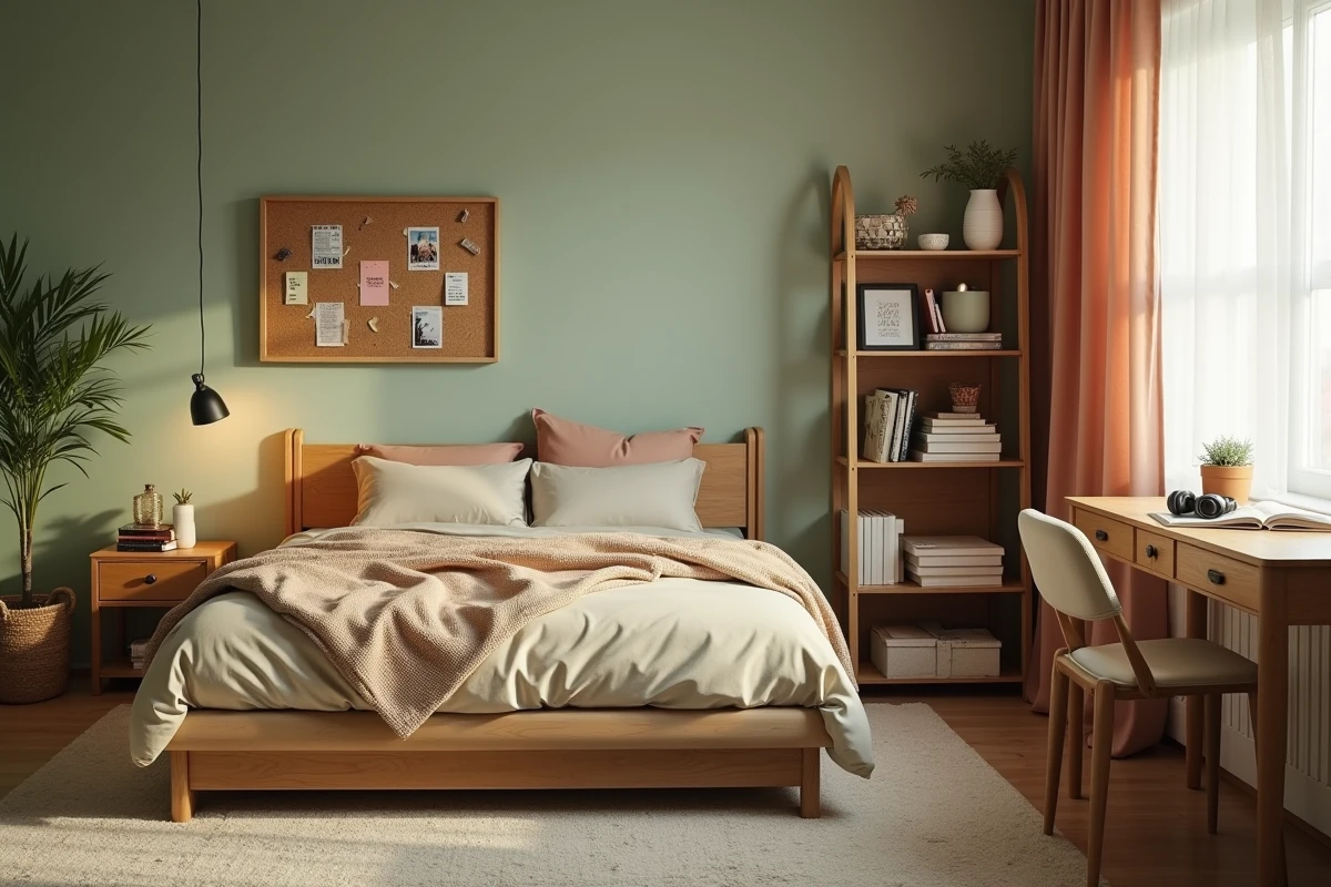 Chambre d'adolescent décorée en vert sauge et terracotta avec lit plateforme, tableau en liège et rideaux en lin