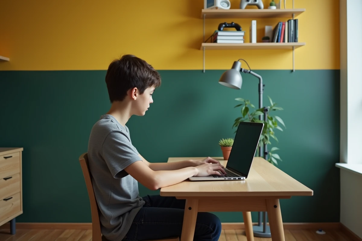 Adolescent dans sa chambre transformée avec panneau de papier peint vert forêt auto-adhésif sur fond jaune pastel pour une décoration évolutive sans repeindre