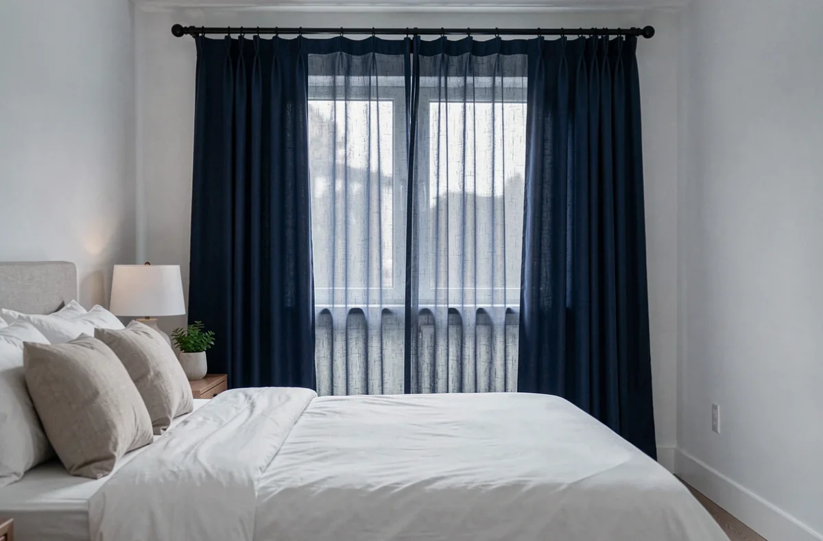 Chambre moderne avec double rideau voilage lin et rideau occultant bleu marine superposés