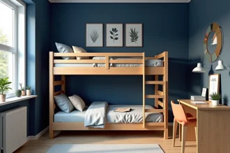 Chambre de garçon adolescent avec murs bleu marine et mobilier en bois naturel, bureau avec sketchbooks et ordinateur portable