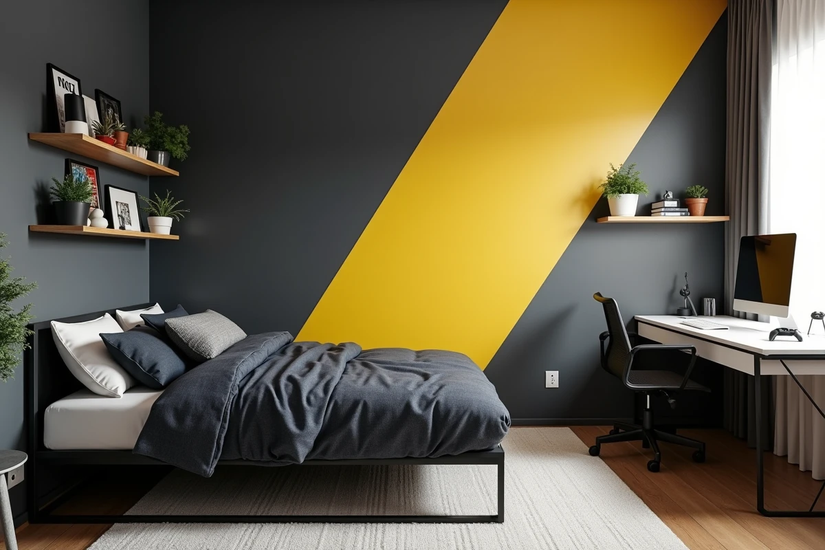 Chambre de garçon ado moderne avec murs gris anthracite et détails géométriques jaune vif, étagères vinyle et bureau minimaliste