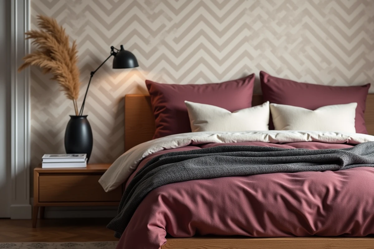 Chambre avec papier peint motif géométrique beige et linge de lit bordeaux pour un mariage de couleurs élégant