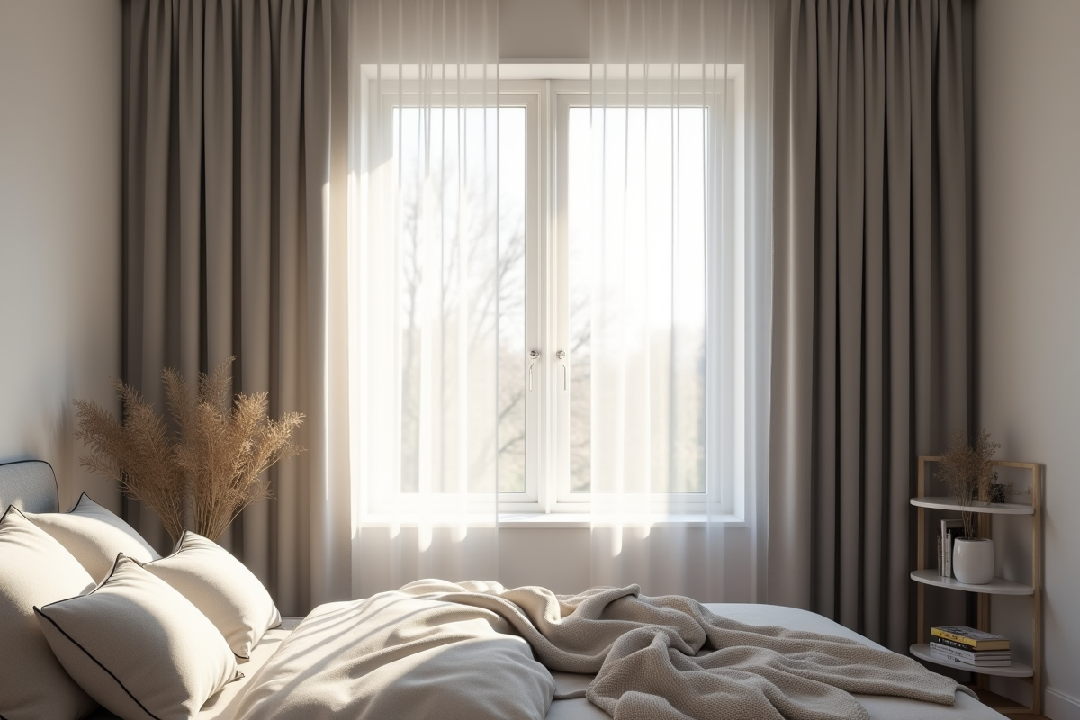 Chambre scandinave avec grande fenetre et rideaux gris