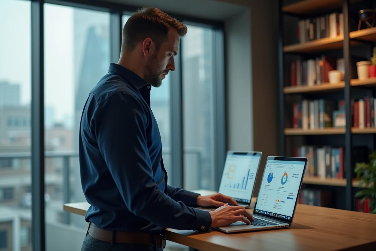 Chef de projet consultant des outils de gestion Agile et Scrum sur deux ordinateurs portables dans un espace de coworking