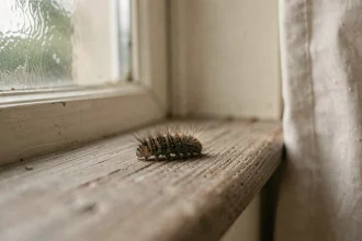 Petite chenille velue rampant sur le rebord d'une fenêtre en bois à l'intérieur d'une maison